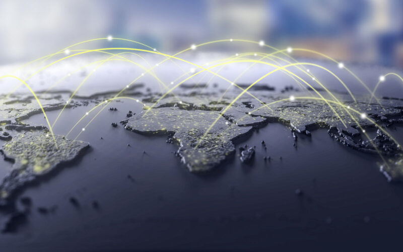 World map with yellow lines indicating global connections between countries