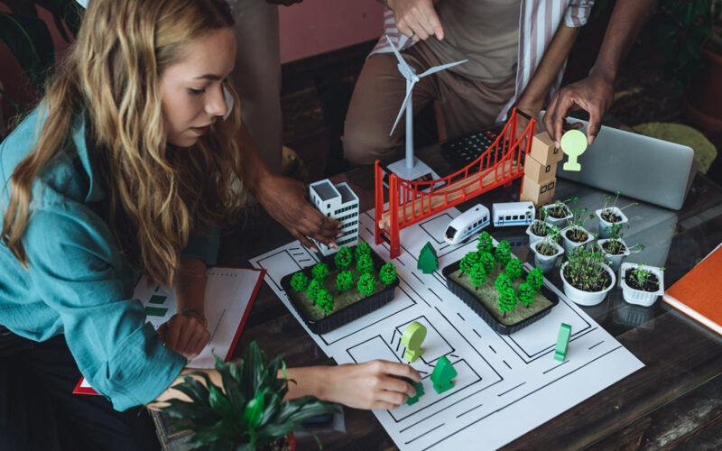 Entrepreneurs making prototype of sustainable city